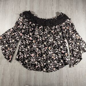 White House Black Market Womens Top Sz M Floral Off Shoulder 3/4 Sleeve Lined
